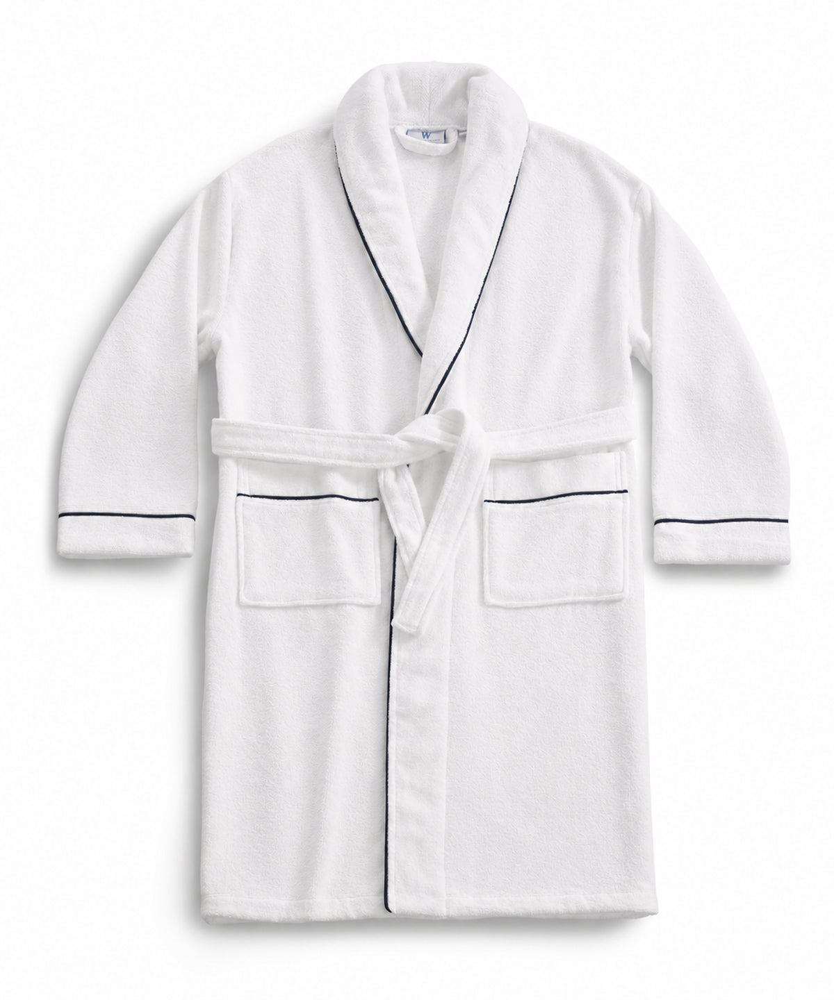 White cotton robe with navy trim and a tied belt.
