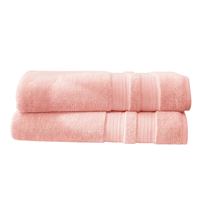 Two plush pink bath sheets folded and stacked, featuring decorative woven border details.