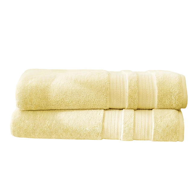 Two plush yellow bath sheets folded and stacked, featuring decorative woven border details.