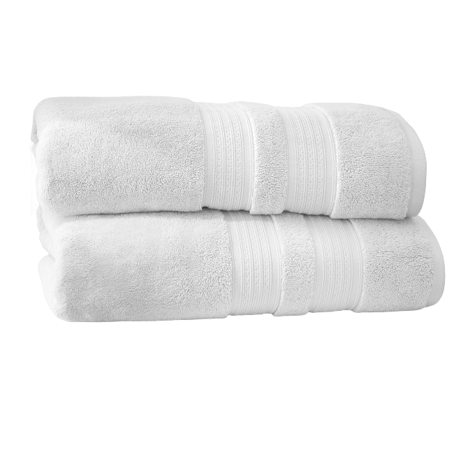 Two white cotton bath towels stacked.