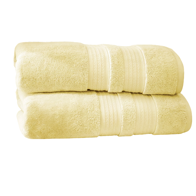 Two yellow cotton bath towels stacked.