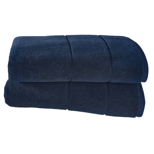 Two navy blue Egyptian cotton bath towels folded and stacked.