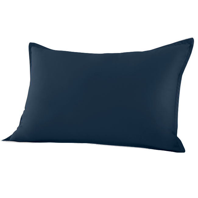 Blue bolster pillow with piped edges.