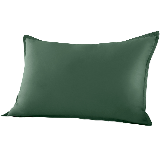 Green bolster pillow with piped edges.