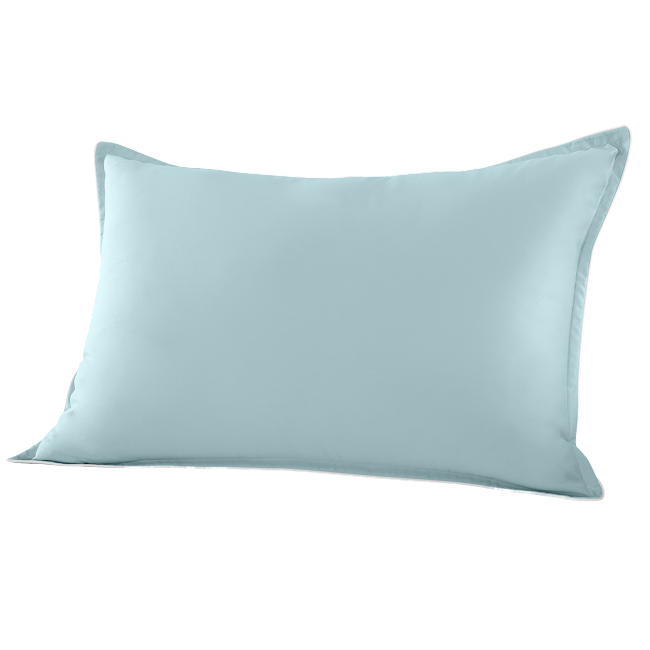 Pastel blue bolster pillow with piped edges.