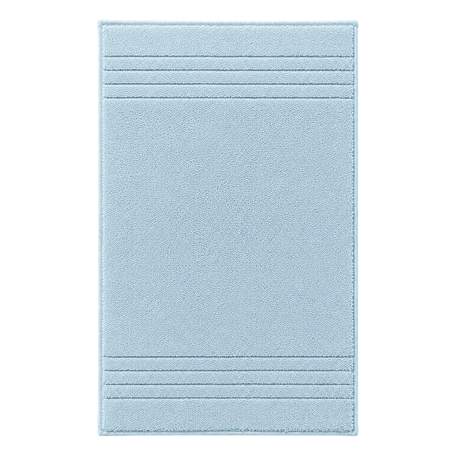 Pastel blue bath mat with textured stripe details.