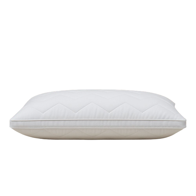White down alternative bed pillow with quilted cover and piped edges.