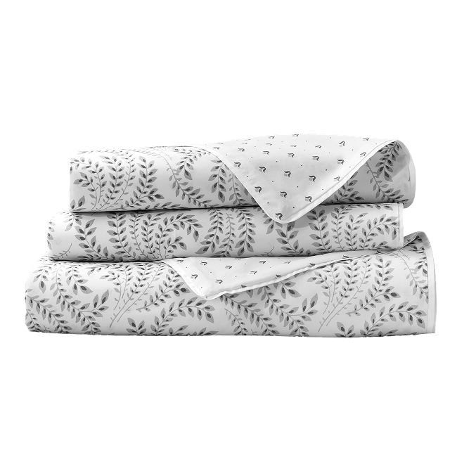 Folded grey and white botanical duvet cover set.