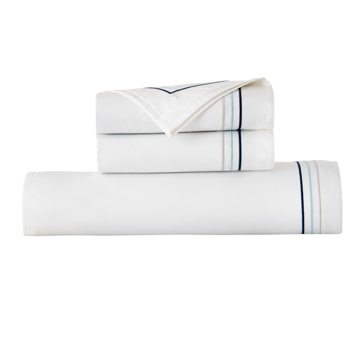 Folded white embroidered border duvet cover set.