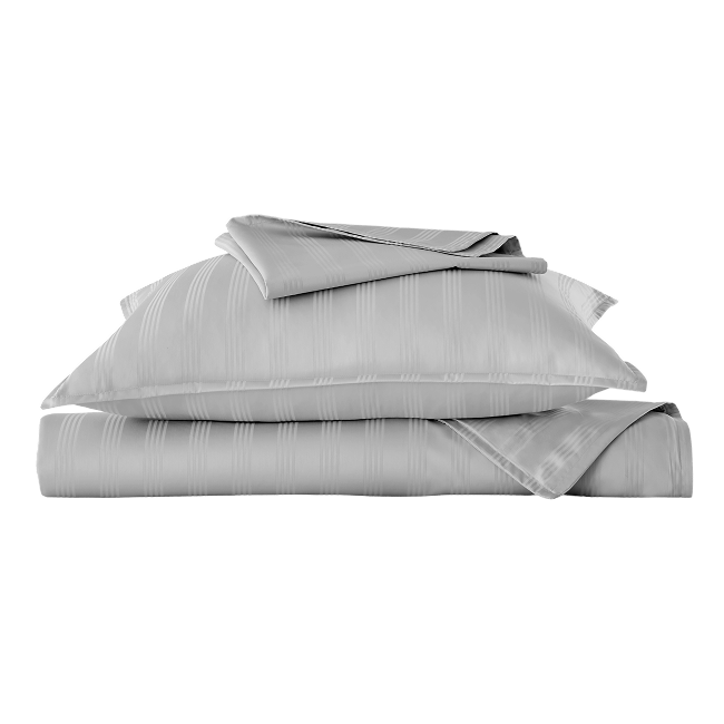 Light grey striped duvet cover set folded with matching pillow shams.