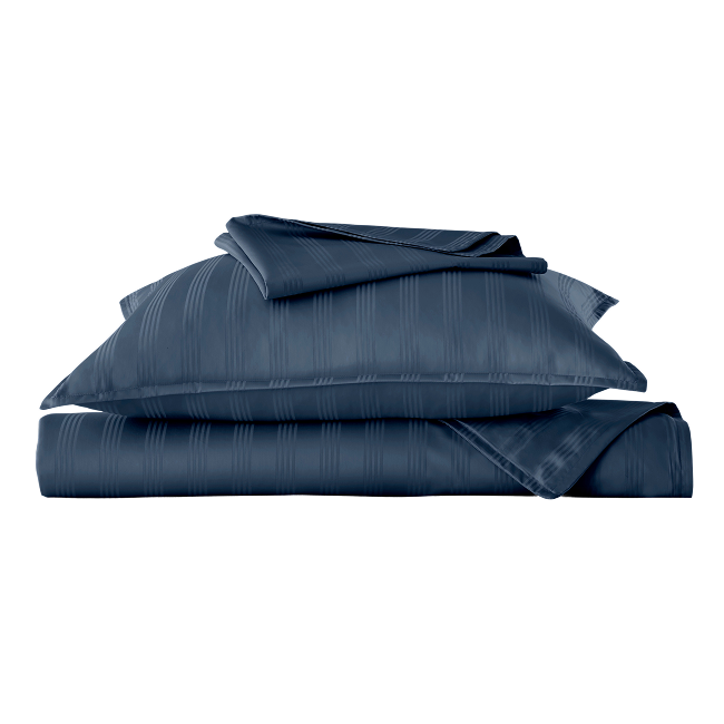 Navy blue striped duvet cover set with matching pillow sham and sheets folded.