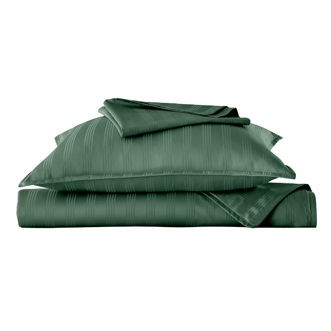 Myrtle green striped duvet cover set folded with matching pillow shams.