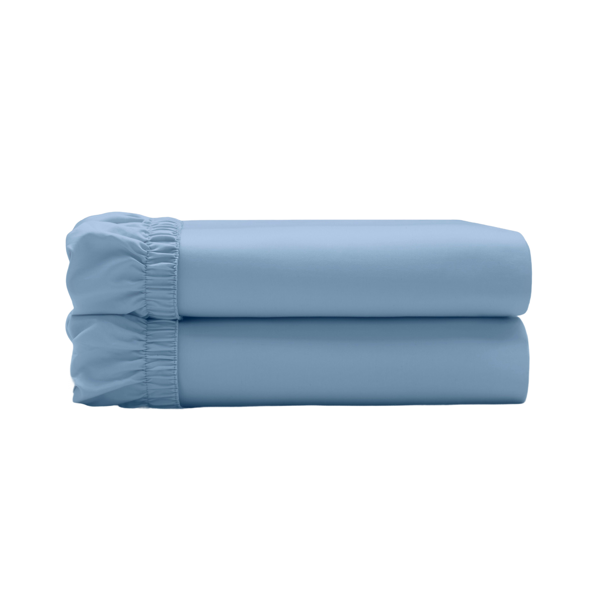 Two powder blue fitted sheets folded and stacked.
