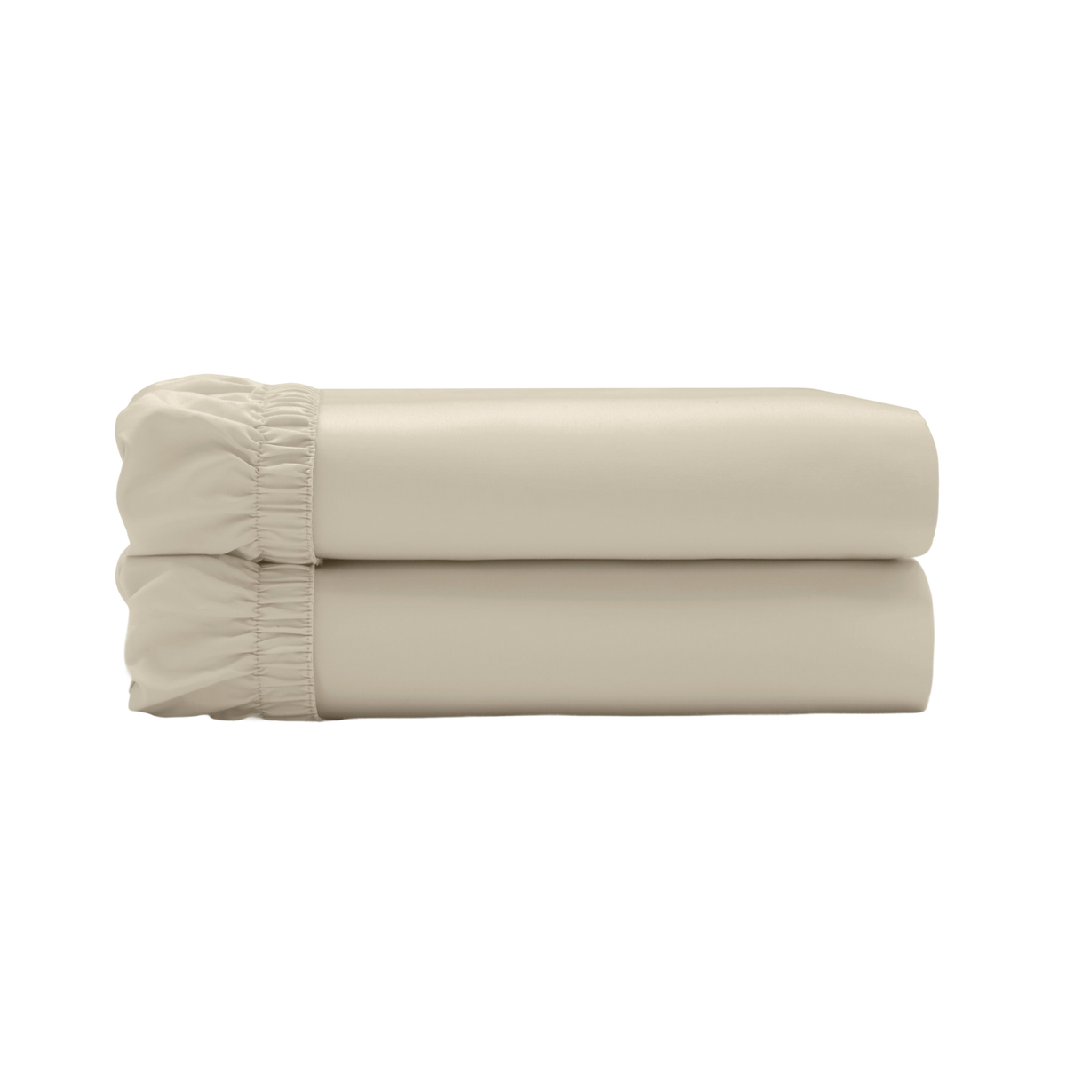 Two beige fitted sheets folded and stacked.