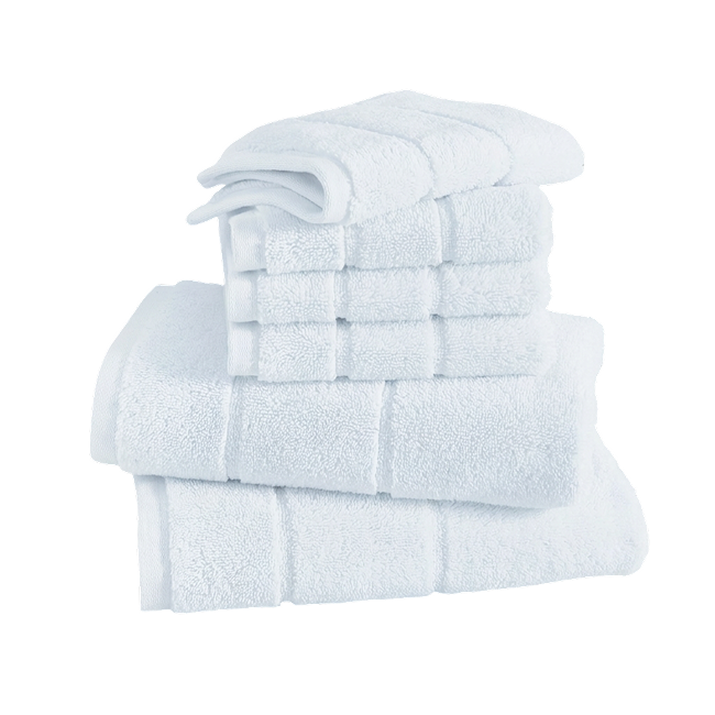 Stack of folded white cotton hand towel and washcloth set.