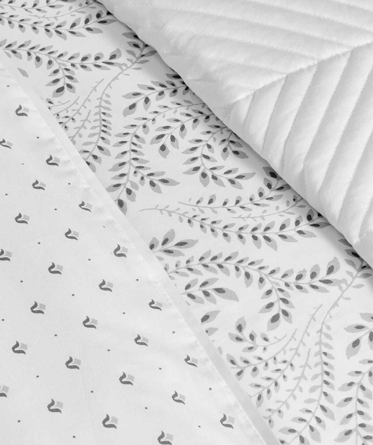Close-up of the grey and white botanical print and coordinating reverse.