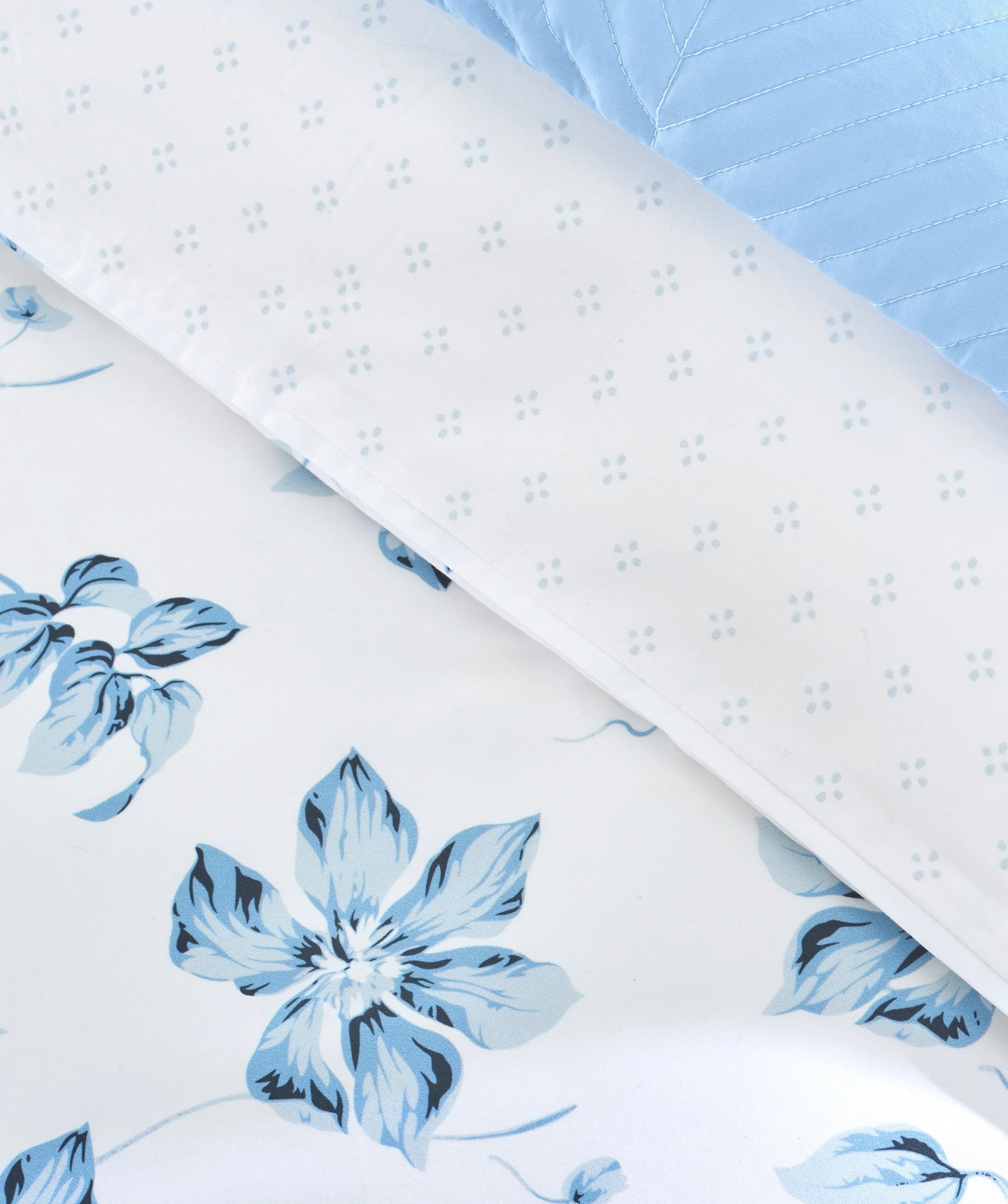 Close-up of the blue floral pattern and coordinating dotted reverse.