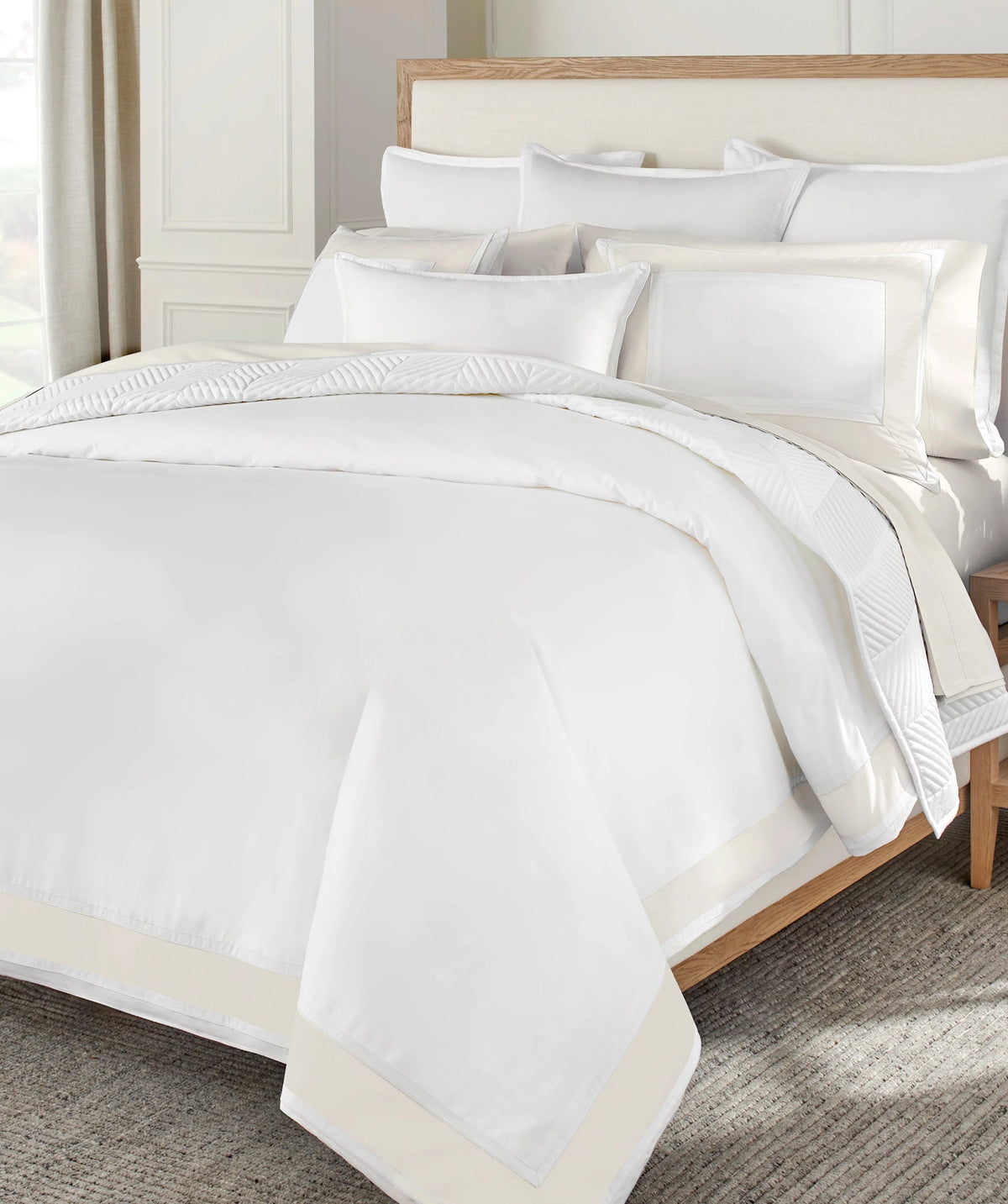 Decorative duvet cover set styled on bed.