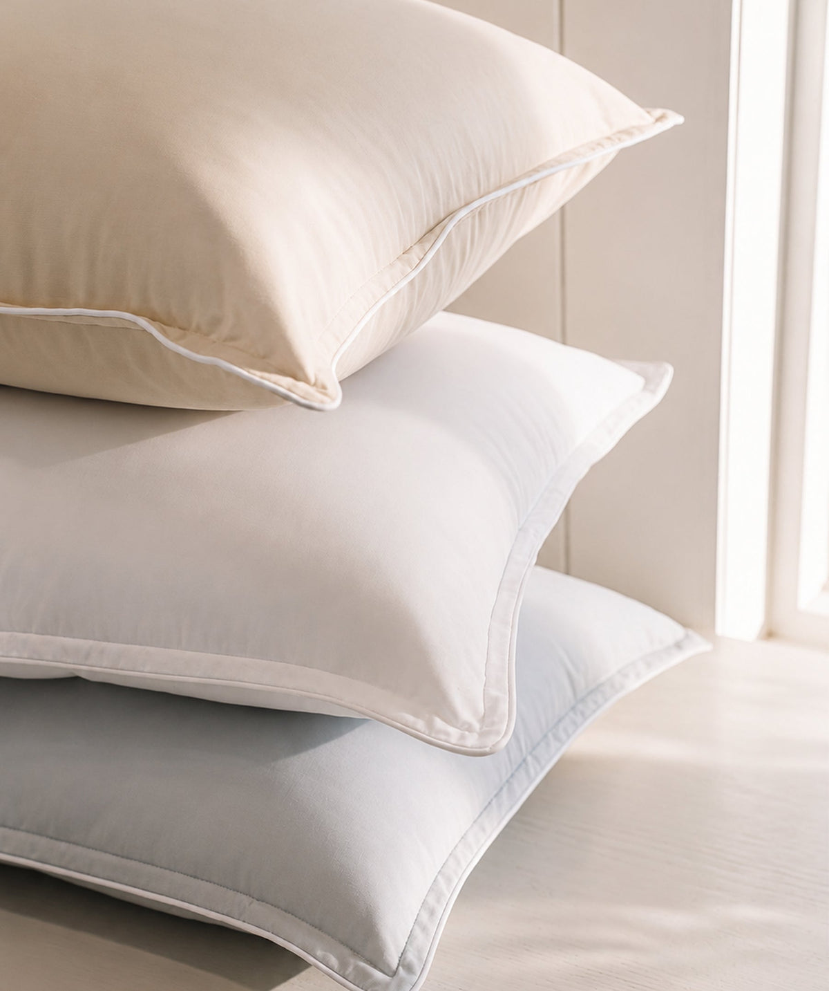 Stacked tan, white and grey bolster pillows with piped edges.
