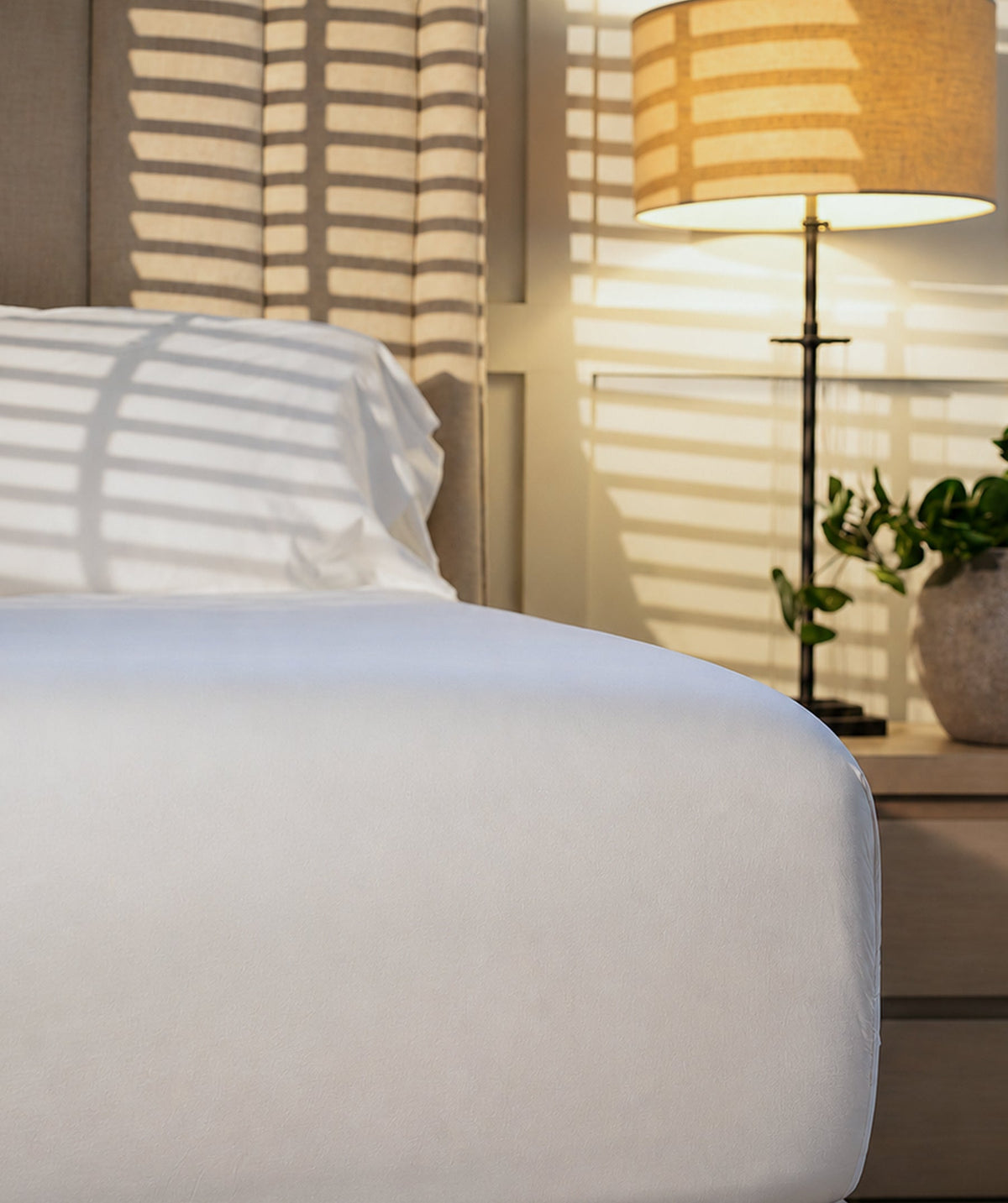 White fitted sheet styled on a bed in warm natural light with windowpane shadows.