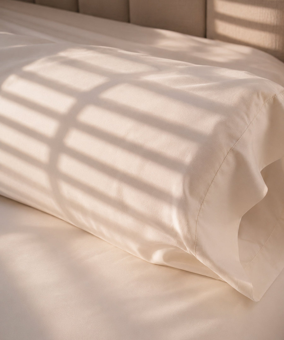 White pillowcase on a bed illuminated by warm window light and soft shadows.
