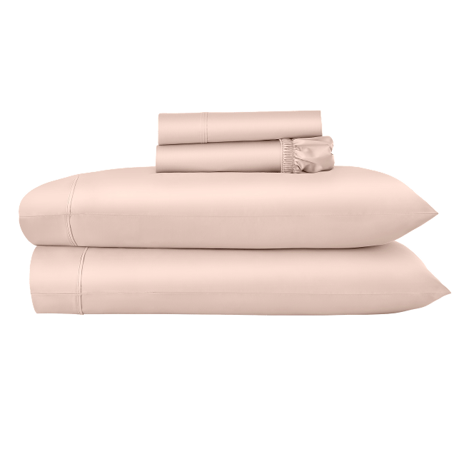 Folded pink sheet set stacked with coordinating pillowcases.  