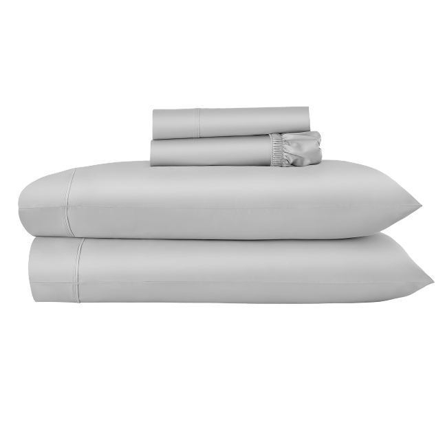 Folded light grey sheet set stacked with coordinating pillowcases.  