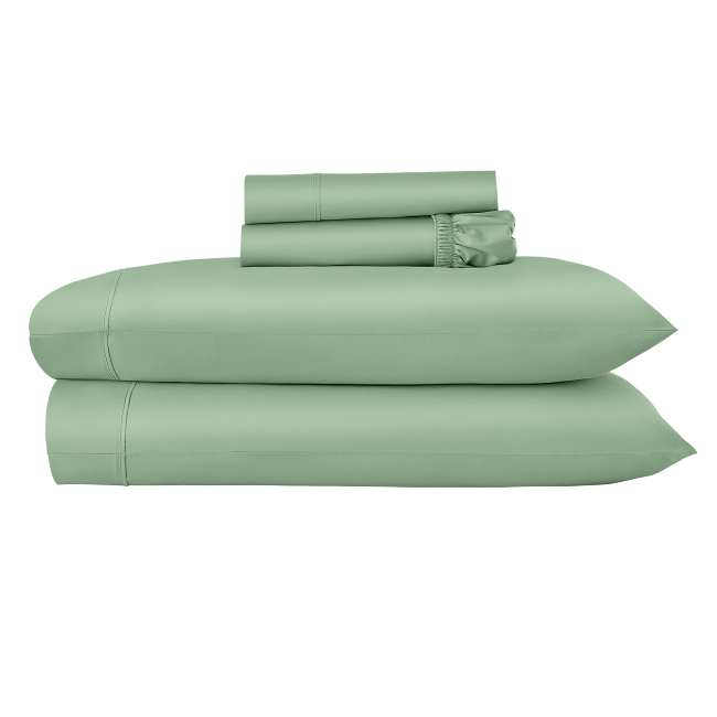 Folded green sheet set stacked with coordinating pillowcases.  