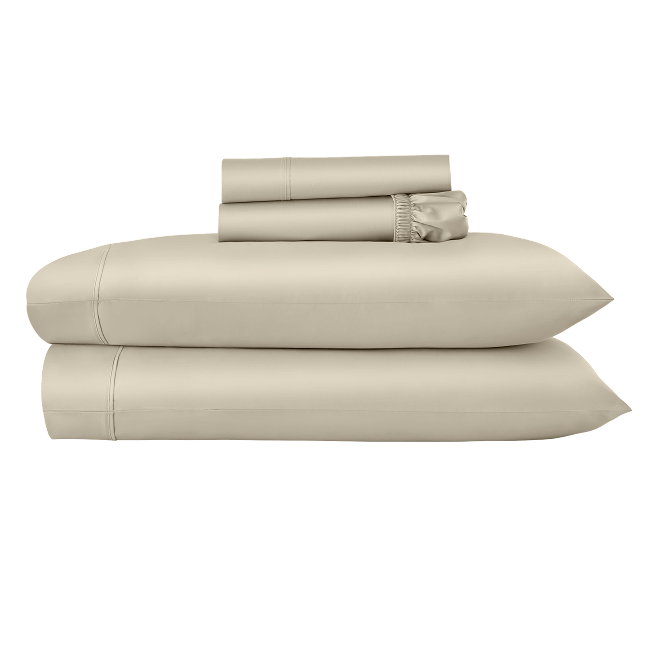 Folded beige sheet set stacked with coordinating pillowcases.  