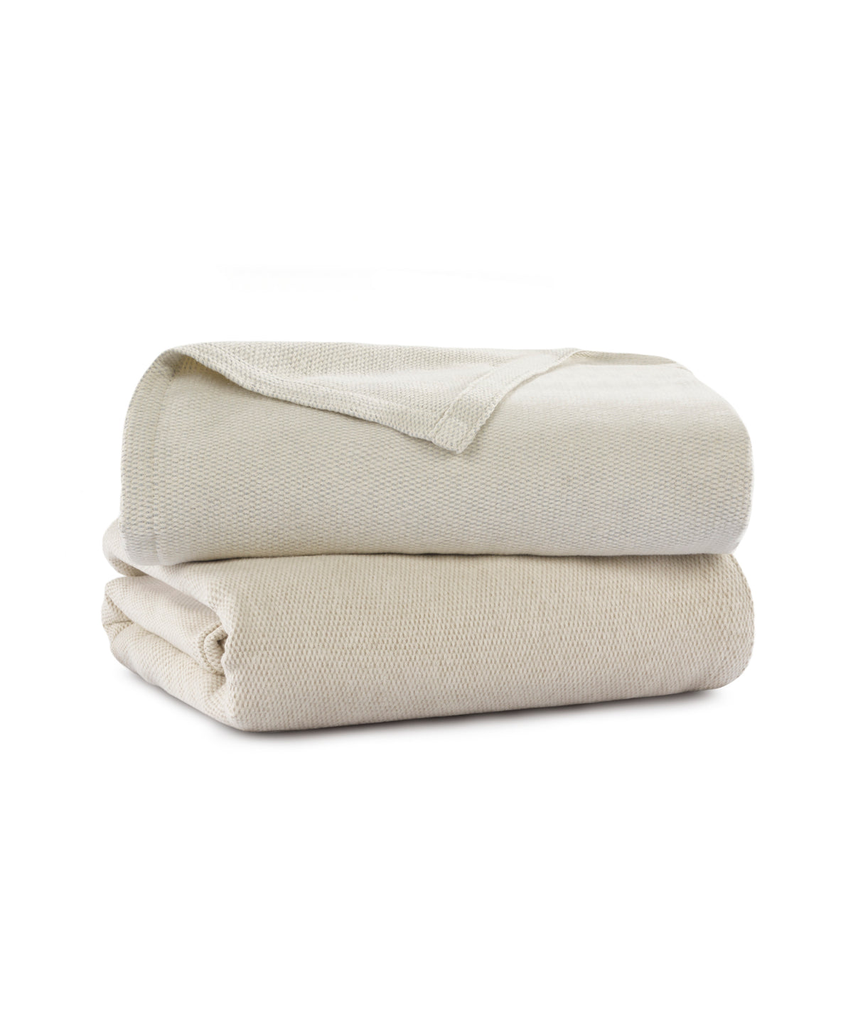 Two folded textured blankets in a light cream-beige color stacked on a white background.