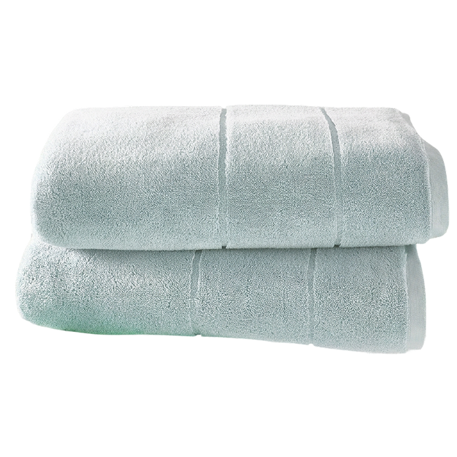Two pastel blue Egyptian cotton bath towels folded and stacked.