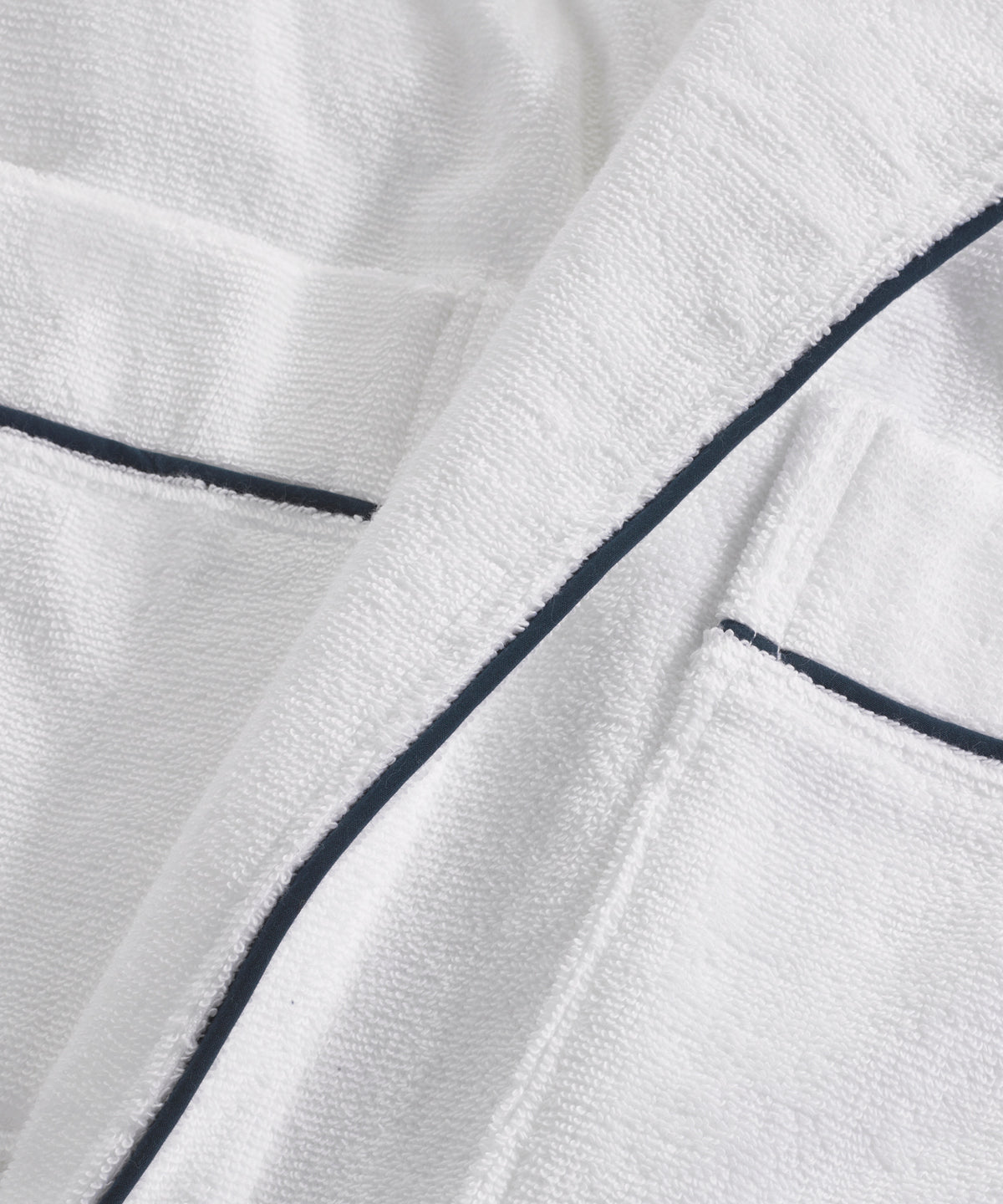 Close-up of navy trim on the robe collar.