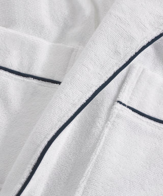 Close-up of navy trim on the robe collar.