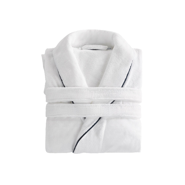 White cotton robe with navy trim, front view.